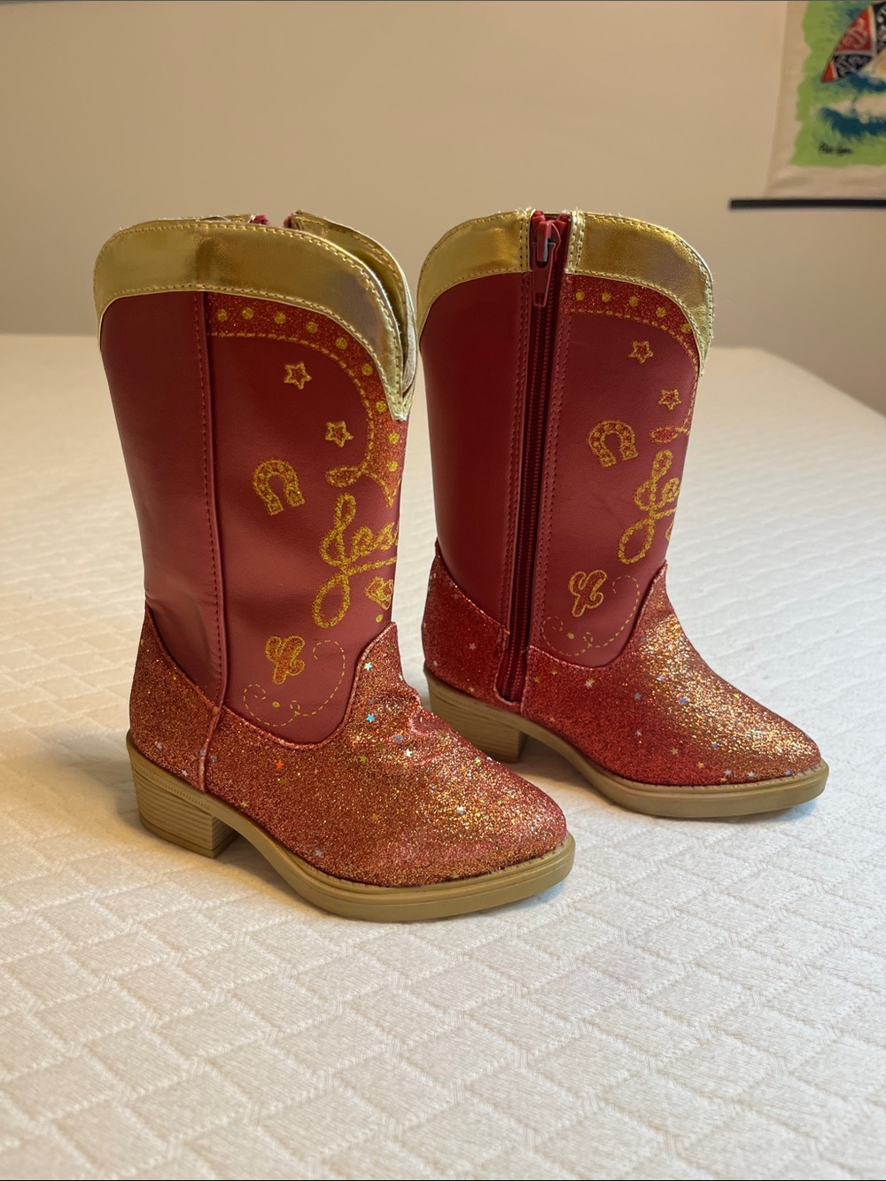 Disney “Jessie” Red and Gold Glitter Kids Cowboy Boots, size 7/8